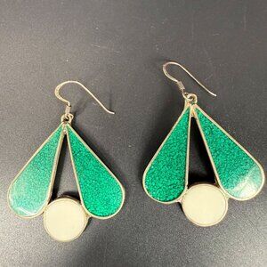Alpaca Mexico Silver Crushed Turquoise White Enamel Fan Shaped Drop Earrings